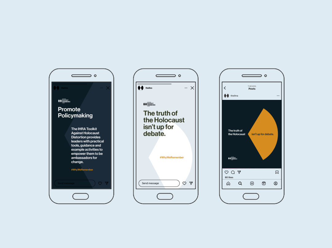 IHRA social media graphics on smartphones on a blue background