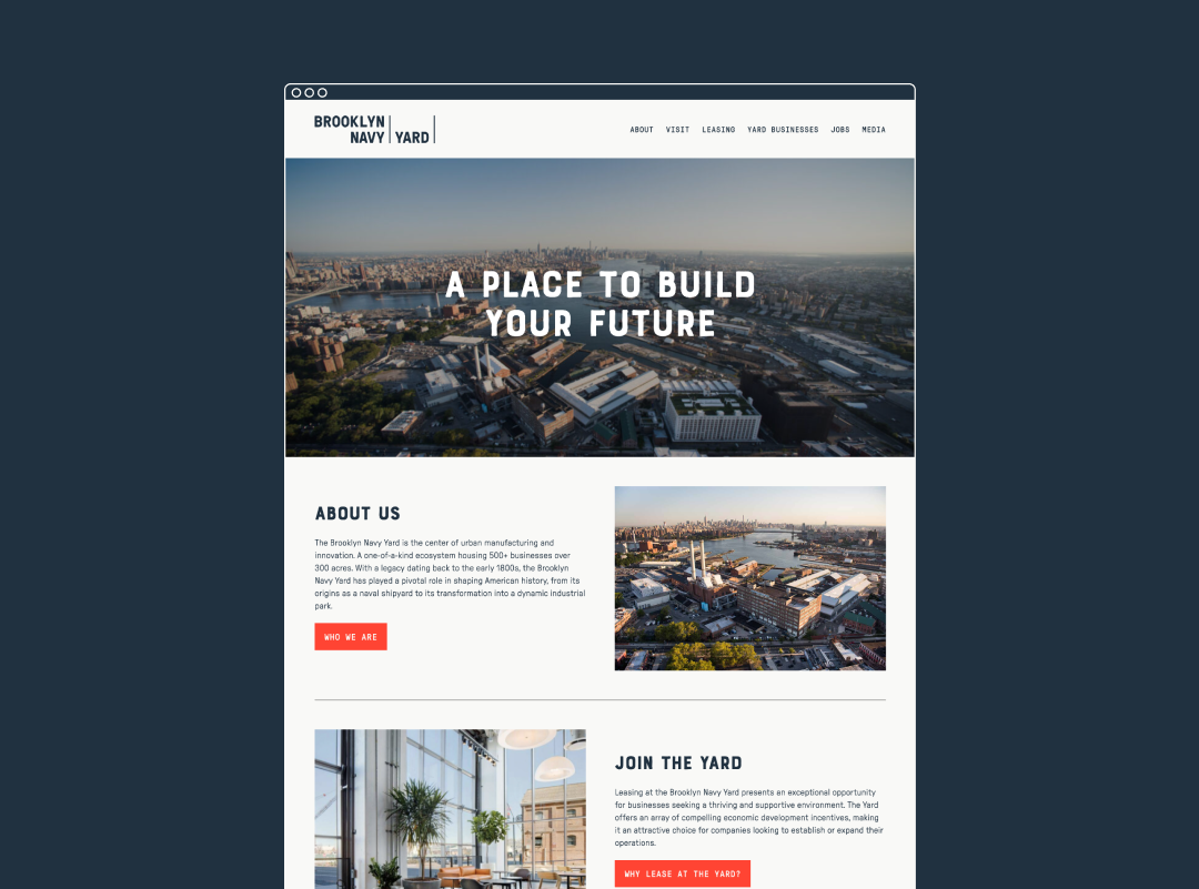 The Brooklyn Navy Yard website on a blue background