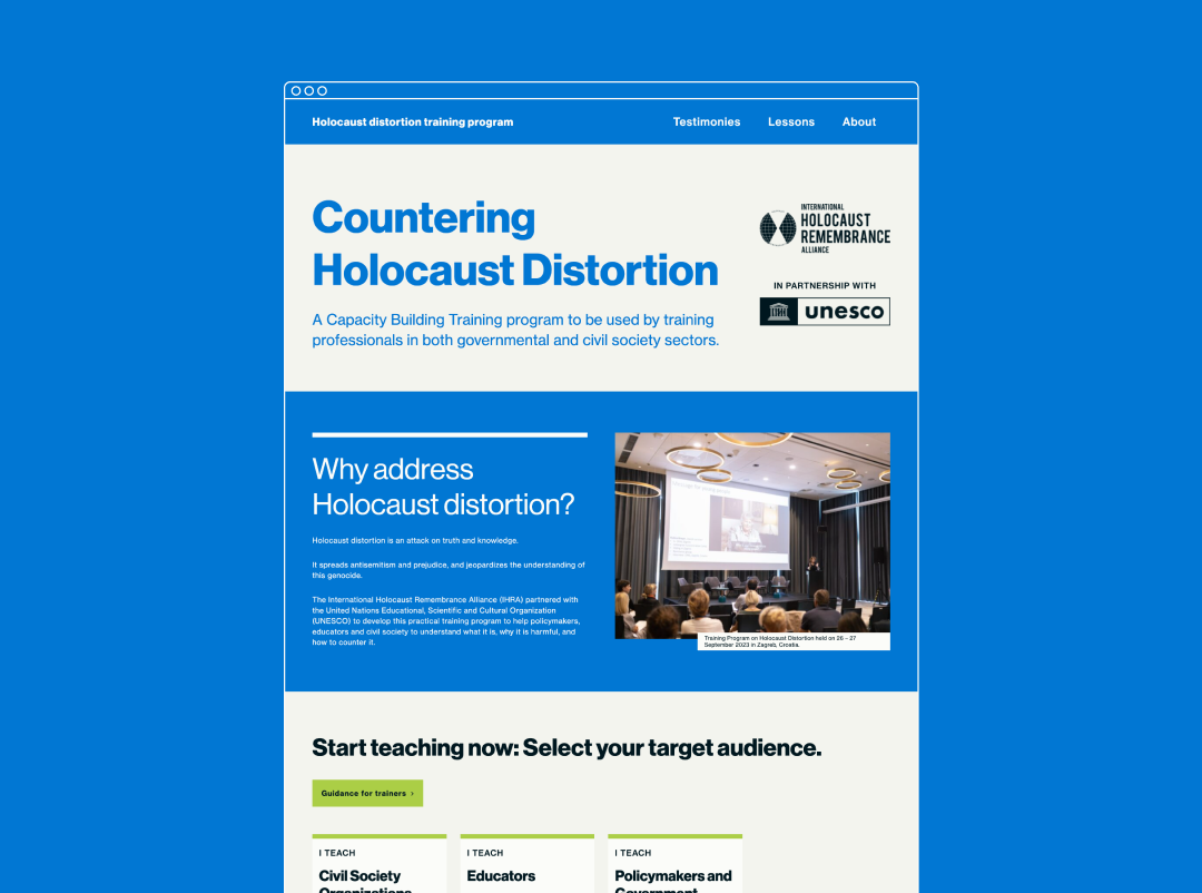 The IHRA Holocaust Distortion Training Program website on a blue background