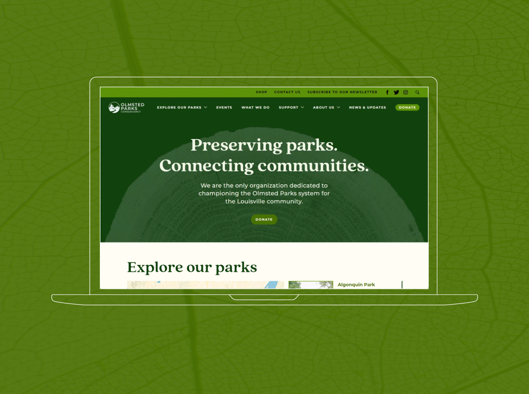 The Olmsted Parks Conservancy website on a green leaf background